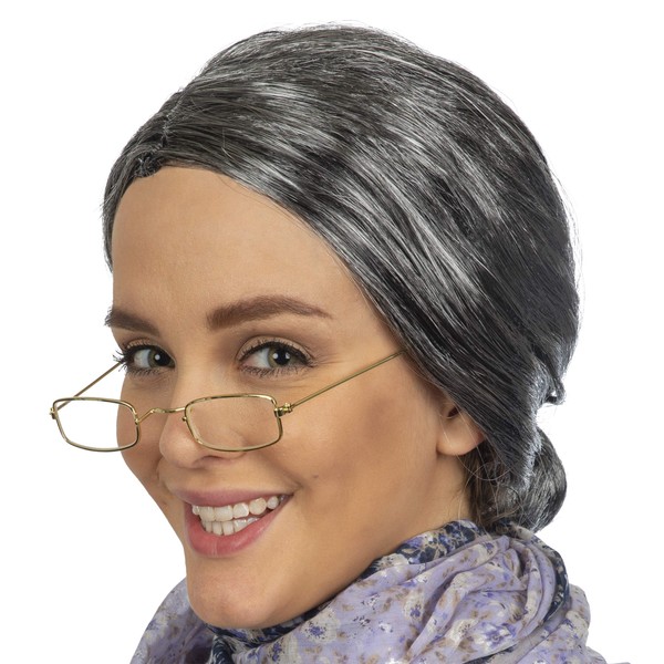 Skeleteen Old Lady Costume Set - Grey Granny Wig and Fake Gold Rectangle Eyeglasses Grandma Set for Women and Girls