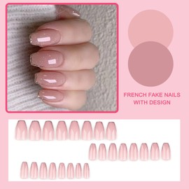 Ceboic Pack of 24 Glue-On Nails Medium Coffin, French Press On Nails, Nude Pink Glitter False Nails, Acrylic Fingernails for Sticking, Full Cover Artificial Nails, Fake Nails for Women and Girls