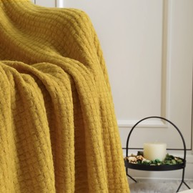 CREVENT Farmhouse Boho Knitted Throw Blanket for Couch Sofa Chair Bed Home Decoration, Soft Warm Cozy Light Weight for Spring Summer Fall (50''X60'' Mustard / Yellow)