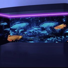 Dtekoj 48X20IN Blacklight Cyan Mushroom Black Light Aquarium Background UV Reactive Background Starry Sky Moonlight Terrarium Background with 10 EVA Double-Sided Tape