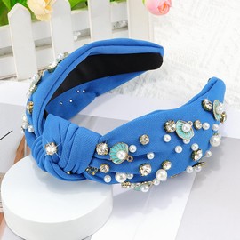 AOPRIE Pearl Headbands for Women Top Knotted Headbands for Girls Hair Bands for Women's Hair Solid Color Turban Wide Headbands for Women Blue, 1 Pack