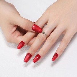 IATMOMOD Medium Square Cat Eye Coffin Press on Nails, Red Metallic Glitter Glossy Reusable Gel Press on Acrylic Fake Nail with Designs, Petite Medium Square Glue on Nail for Women Gift