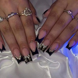 Black French Tip Press on Nails Medium Square Fake Nails with 3D Silver Metal Bow Rhinestone Design Charms False Nails Cute Bowknot Glue on Nails Acrylic Artificial Stick on Nails for Women Girl 24Pcs