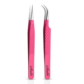 SIALIT Eyelash Tweezers - for Eyelash Extensions, Pro Level Straight and Curved Tweezers, Set of 2 Pcs, Pink Stainless Steel Tweezers to Boost Your Lash Creativity