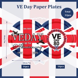 32pcs VE Day Plates,7inch 80th Anniversary Paper Plates Victory In Europe Party Disposable Round Dinner Plate Paper Dinnerware for Celebrate VE-Day 80 Years WWII Victory Commemorative Table Décor