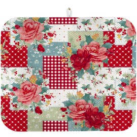 Dish Drying Mat for Kitchen Counter 16x18 Inch, Super Absorbent Dish Drainer Mat, Decorative Microfiber Dishes Drying Pad-Small(Red Flower)
