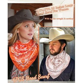 AWAYTR 35" Large Silk Hair Scarf for Women - 4Pcs Satin Head Scarf Square Hair Bandanas Floral Wild Rag Sleeping Head Wraps (Cashew(Black/Apricot/Orange/Navy))