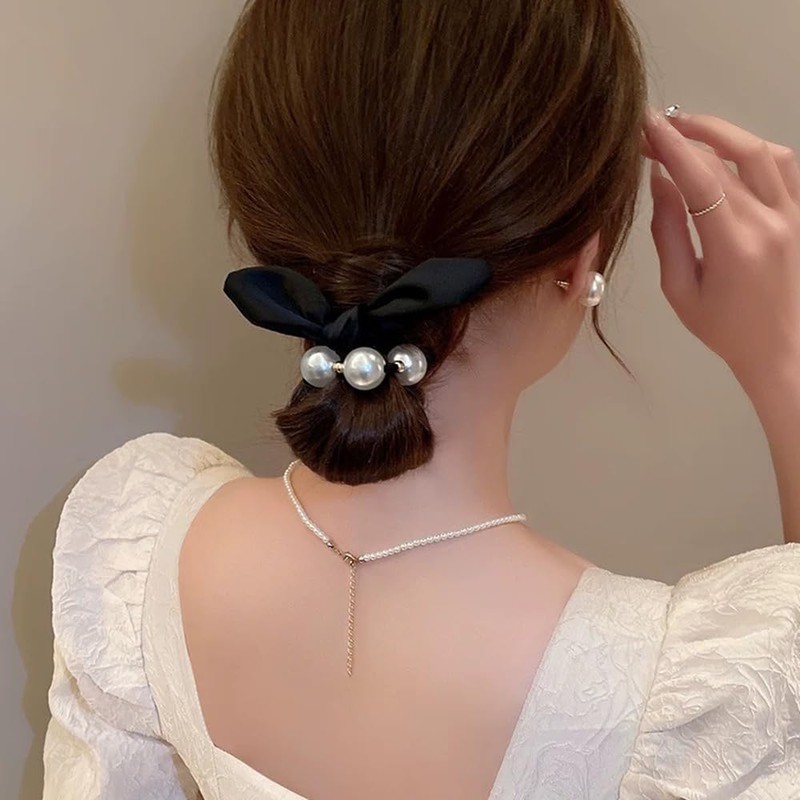 サムコス ヘアゴム 2本セット パールリボン 韓国風 エレガント 高弾力 レディース 大人・子供 日常・通勤