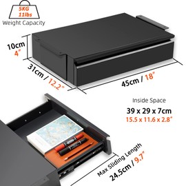 OSteed 1 Pack Under Desk Drawer 18", Pull-out Storage Organizer with Large Slide Extension Mounted Under Flat Wooden Table or Workbench, Black_Normal Version