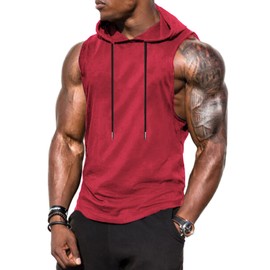 Babioboa Men's Dry Fit Workout Athletic Tank Tops with Hoodie, Performance Sleeveless Vest Gym Muscle Shirts(Light Wine Red Small)