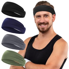 Pack of 4 Headband for Men and Women, Elastic Wide Hair Band, Sports Men, Breathable Sweatband, Forehead, Non-Slip for Fitness, Running, Basketball (Black, Dark Grey, Navy Blue, Army Green)