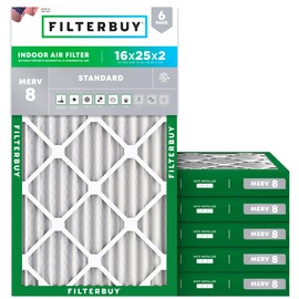 Filterbuy 16x25x2 Air Filter MERV 8 Essential Dust & Allergy Defense (6-Pack), Electrostatic Pleated HVAC AC Furnace Filters Replacement, Made in USA (Actual Size: 15.50 x 24.50 x 1.75)
