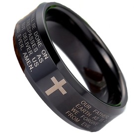 Men Women 8mm Tungsten Carbide Black Ring Engraved English Bible Lords Prayer Cross Band Ring For Her Him Size 12.5
