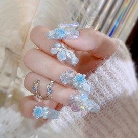 Press on Nails Square Medium Length Glossy Full Cover Acrylic False Nails with Blue Floral Butterfly Gems Designs Artificial Short Coffin Fake Nails with Charms Glue ons Fingernails for Women Girls