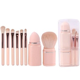 Portable eight in one makeup brush eye shadow powder blusher brush concealer makeup brush telescopic makeup set beauty brush tool (pink)