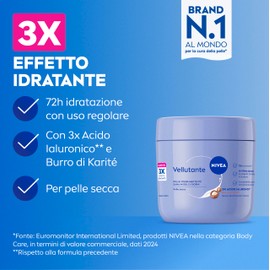 NIVEA Crema Corpo Vellutante 400 ml, Crema idratante corpo 72h, Con 3x Acido Ialuronico Puro e Burro di Karité, Body lotion dalla texture ricca, Assorbimento rapido, Per pelle secca
