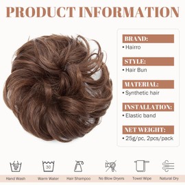 Hairro Hair Bun, Messy Curly Wavy Synthetic Hair Bun Extensions for Women, 2pcs each pack Mixed Chestnut Brown