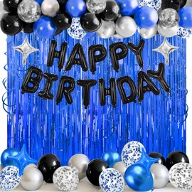 92 PCS Black and Silver Happy Birthday Decorations Balloons Fringe Curtains Vortex for Boys Men Girls Women 16th 18th 20th 21st 25th 30th 40th 50th 60th Birthday Party Decorations