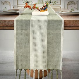 KKTECH Cotton Linen Table Runner, Hand-Tassels for Dining Table, Elegant Table Runners for Holiday Parties, Christmas Table Runners, Perfect for Dining Room Decor (180cm) (Sage Green)