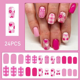 Cute Pink Press on Nails Square Short Fake Nails Spring Flower False Nails with Heart Bow Designs Glossy Full Cover Glue on Nails Reusable Acrylic Artificial Nails Kit for Women Girls 24Pcs