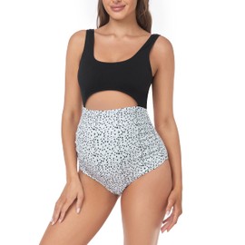 EastElegant Maternity Cutout One Piece Swimwear Ploka Dots Print Pregnancy Bathing Suit, Black, S