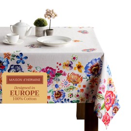 Maison d'Hermine Table Cloth Rectangle Table 100% Cotton Tablecloth for Dining, Farmhouse, Home, Hotel & Wedding - Gifts for Mothers Day Spring & Summer (Happy Florals - High Summer, 140cm x 180cm)