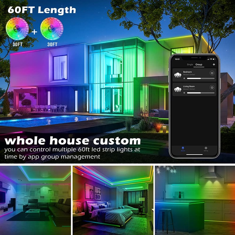 AILBTON Led Strip Lights,60ft Music Sync Color Changing, Built-in Mic,Bluetooth