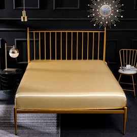 1 Piece Satin Fitted Sheet Only Classic Luxury Silky Soft Bed Sheets Solid Color (Gold, Fitted Sheet(Queen))