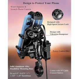 BRCOVAN Motorcycle Phone Mount with Qi Wireless & USB-C Charger | Qi 15W & PD 30W, Anti-Theft Handlebar Cellphone Holder with Vibration Dampener, Adjustable for 5.4-7.2'' Smartphone
