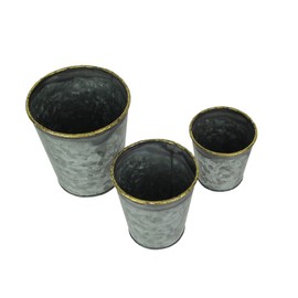 Set of 3 Rustic Galvanized Grey Zinc Finish Metal Buckets, Featuring Hand-Painted Metallic Gold Rims for Stylish and Versatile Indoor or Outdoor Home Decor
