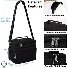 Jo Major Insulated Lunch Bag Thermal Cooler Tote with Adjustable Shoulder Strap Lunch Box Bags Leakproof Linear and Front Pocket for Men Women Kids Office Work School Picnic Travel and Gym. (Black)