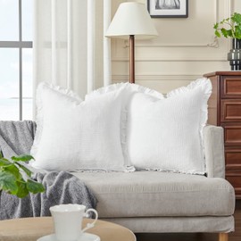 COCOPLOCEUS Waffle Pillow Covers 24x24 Set of 2 Throw Pillow Covers Stone Washed Square Pattern Euro Shams Decorative Cushion Covers for Couch Sofa Bedroom Car (White