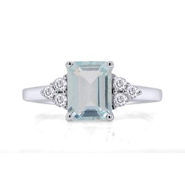 8X6MM Emerald Cut Blue Aquamarine & White Topaz CZ Bridal Engagement Ring for Women in 14k White Gold Over Sterling Silver Jewelry Gift For Her, Ring Size-10