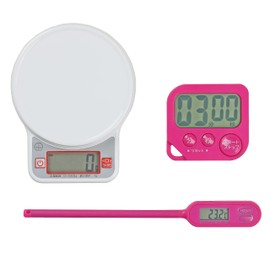Pearl Metal D-5879 Digital Kitchen Scale, For 2.2 lbs (1.0 kg), 0.04 oz (0.1 g) Units, Timer, Thermometer, Set of 3