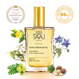TAAJ | Köstliches Öl | Trockenes Schönheitsöl | Körper, Gesicht & Haare | Nährt, schützt und revitalisiert die Haut | Satinierte Haut | 96 % Inhaltsstoffe natürlichen Ursprungs | Vegan | 100 ml