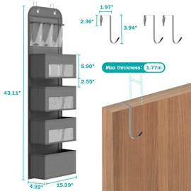 Over The Door Organizer, 4-Shelf Door Hanging Organizer for Nursery, Grey