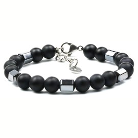 Raffici Unisex Black Beaded Bracelet, 8mm Matte Stone with Hematite Accents, 18cm + 4cm Adjustable Chain