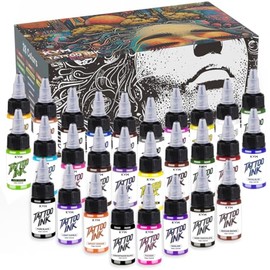 KVM 28 Assorted Tattoo Ink, 0.5 oz (15 ml). Rich in Color and Easy to Apply, This Ink is Designed for Indoor Tattoo Studios and Beginners, and is Known for its Smooth Flow