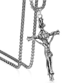 JewelryWe Men Cross Pendant Necklace Stainless Steel Link Chain Jesus Christ Necklace Statement Jewelry Necklace Jewelry Gift