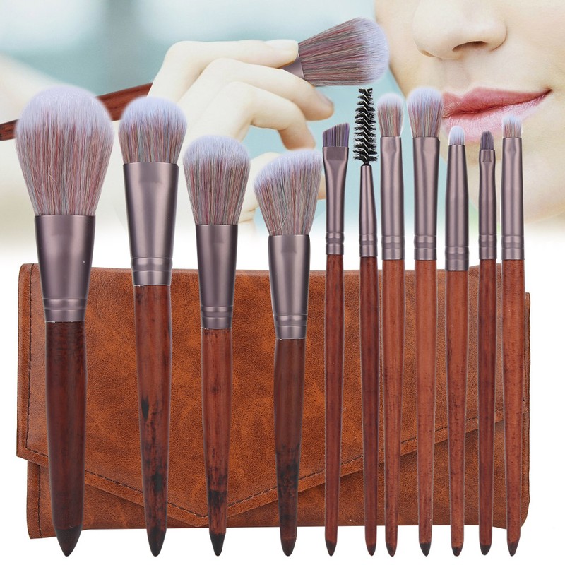 11pcs Artificial Fiber Brush Hair Wooden Handle Facial Makeup Brushes