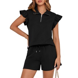 BTFBM Women's 2 Piece Outfits Sweatsuit Zipper V Neck Casual Ruffle Short Sleeve Tops and Drawstring Shorts Lounge Sets(Black, XX-Large)