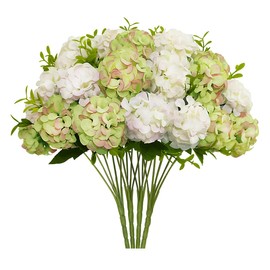 Wcro 4 Bundles Small Hydrangea Artificial Flowers, Silk Fake Flower Bouquet for Wedding Party Home Decor.(White & Green)