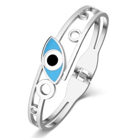 Stainless Steel 18K Gold Silver Plated Crystal Greek Evil Eyes Bracelets Hollow Out Cuff Bangle Preppy Jewelry For Women Charms Mexican Gifts (Silver Plated)