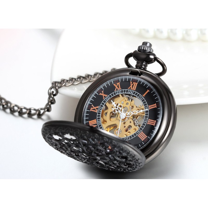 JewelryWe Classic Hand-Wind Mechanical Pocket Watch Skeleton Black Hollow Spider