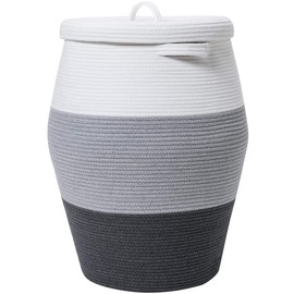26" x 20" Tall Extra Large Storage Basket with Lid, Cotton Rope Storage Baskets, Woven Laundry Hamper with Cover, Cloth Storage Bin, for Clothes Towels in Living Room, Grey/Dark Grey