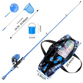 Gamashino Kids Fishing Pole - Portable Telescopic Fishing Rod Reel Combo with Spincast Reel and Tackle Box, Net for Children (Blue,4.92 + Net)