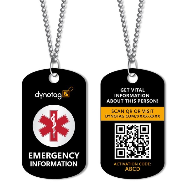 Dynotag SuperAlert™ Smart Medical ID with Detailed Online Profile; Military Style Steel Pendant & Chain Set, with Lifetime Subscription