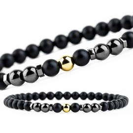 Magnetic Anklet, 9.5 Inches, 6 mm, 2 Packs, Black Frosted Stone Anklets, Eliminate Static Electricity, Improves Sleep (Golden Stone + Magnetic Anklet)