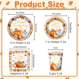 Frtvcome 96 Pcs Fall Thanksgiving Paper Plates and Napkins Set, Pumpkin Autumn Harvest Disposable Dinnerware Party Supplies with Cups for Baby Shower Friendsgiving Birthday, Serves 24