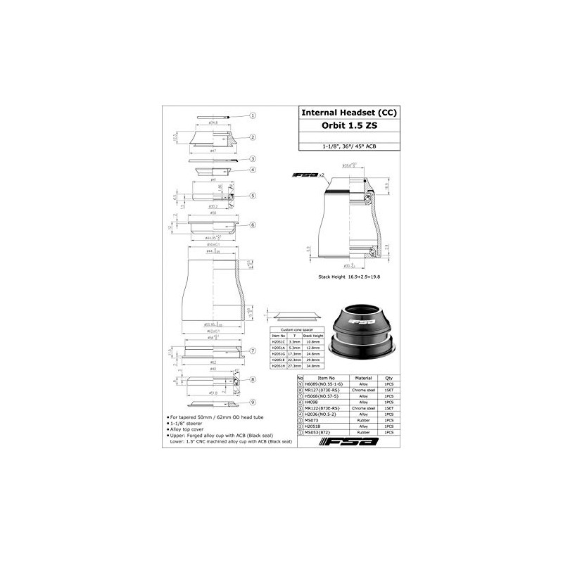 FSA No.57-1 Orbit 1.5 ZS 1-1/8Inches Tapered Headset OD 50/62mm
